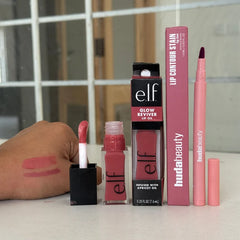 elf Glow Reviver Lip Oil + HUDA BEAUTY LIP CONTOUR LIP STAIN lip comboo