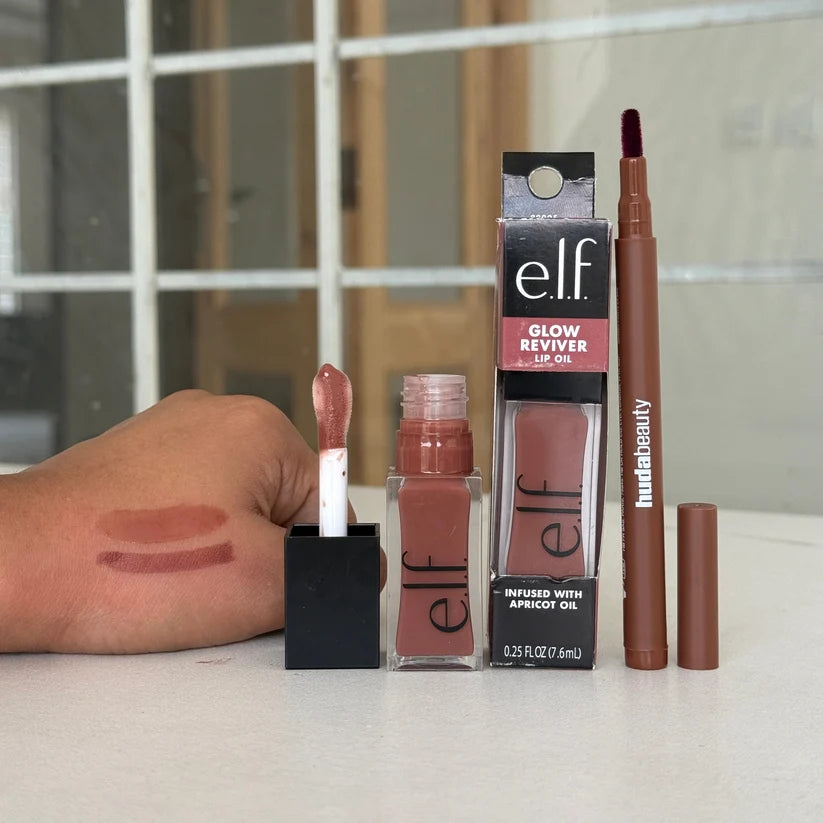elf Glow Reviver Lip Oil + HUDA BEAUTY LIP CONTOUR LIP STAIN lip comboo