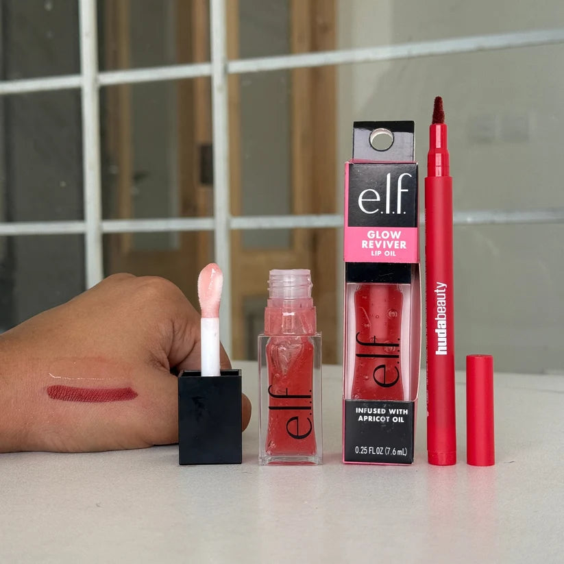 elf Glow Reviver Lip Oil + HUDA BEAUTY LIP CONTOUR LIP STAIN lip comboo